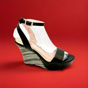 Liz Claiborne Black White Pattern High Wedge Platform Ankle Strap Peep Toe 6.5M
